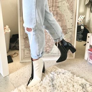 dual toned black and white pleather booties